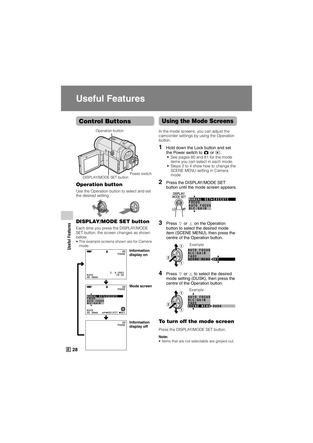 Sharp VL-Z300E operation manual Control Buttons, Using the Mode Screens, Operation button, DISPLAY/MODE SET button 