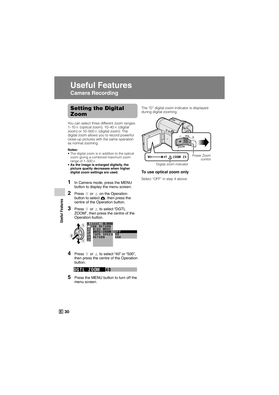 Sharp VL-Z300E operation manual Setting the Digital Zoom, To use optical zoom only 