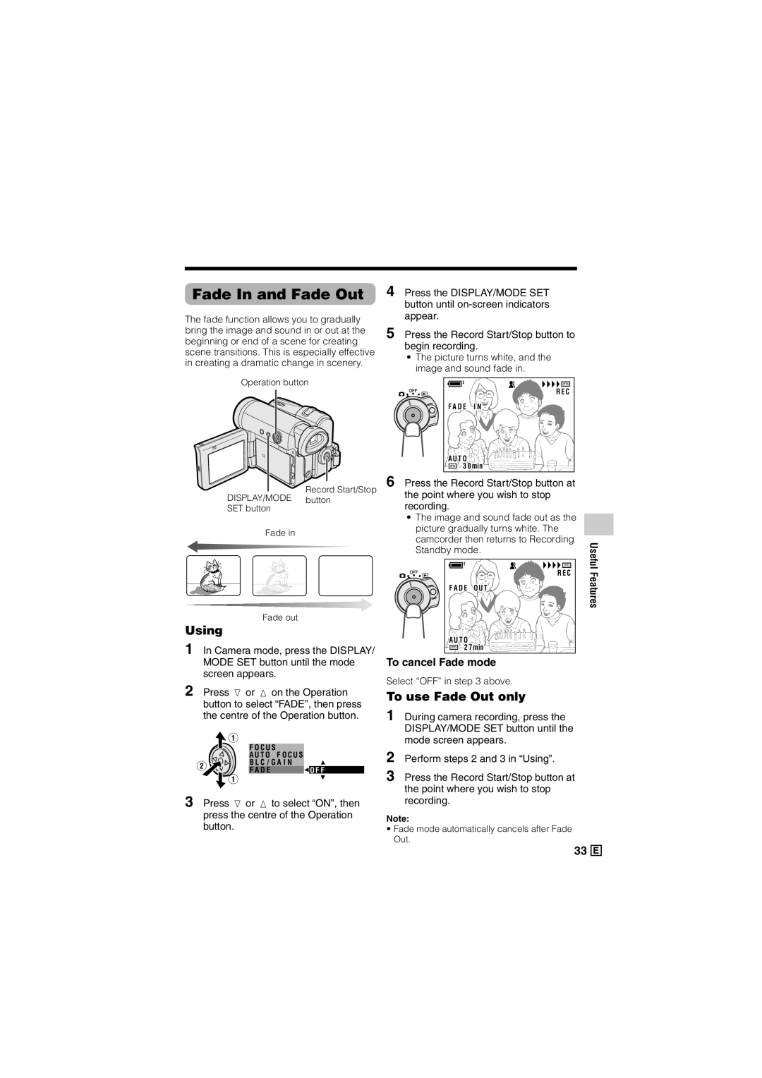 Sharp VL-Z300E operation manual Fade In and Fade Out, Using, To use Fade Out only, To cancel Fade mode, Features 