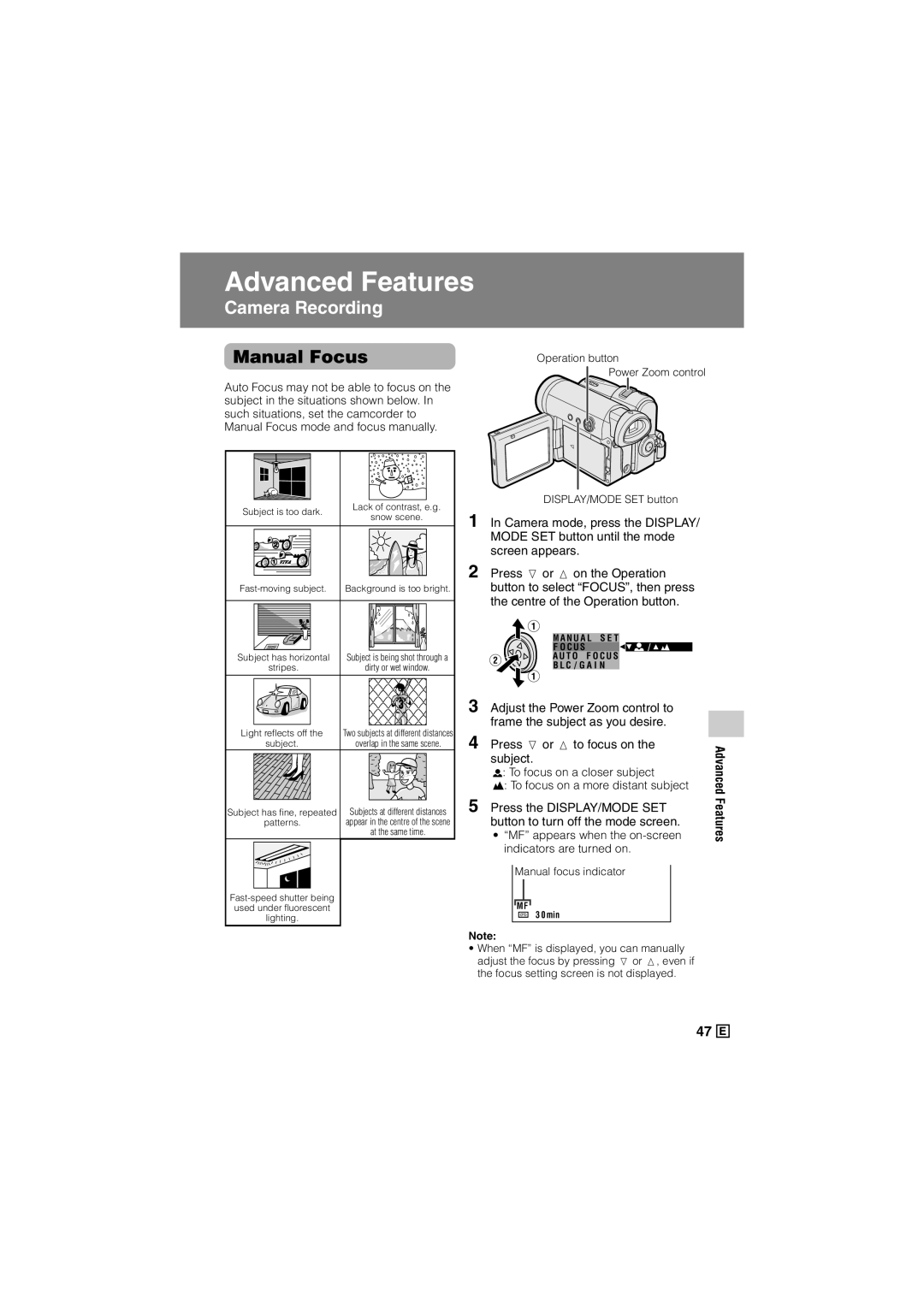 Sharp VL-Z300E operation manual Manual Focus, Subject, Press the DISPLAY/MODE SET, Button to turn off the mode screen 