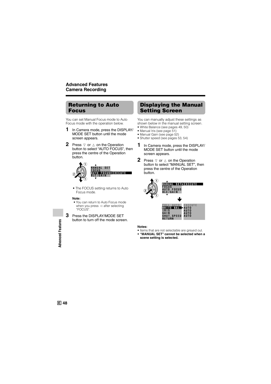 Sharp VL-Z300E operation manual Advanced Features Camera Recording, Focus setting returns to Auto Focus mode 