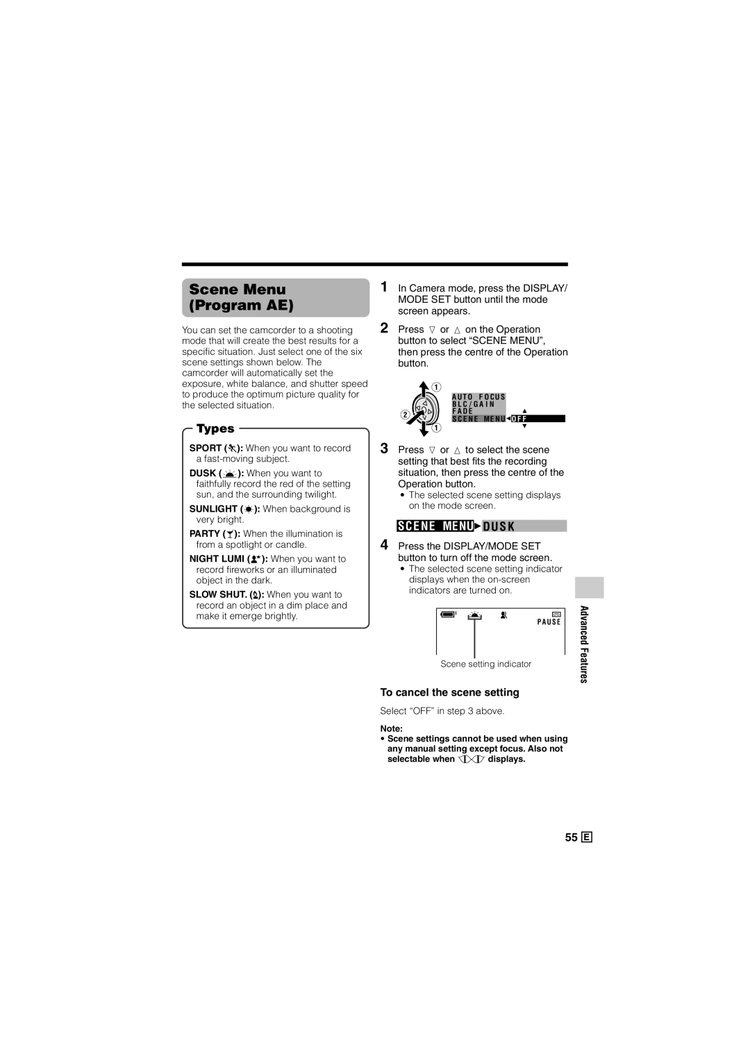 Sharp VL-Z300E operation manual Scene Menu Program AE, E NE Menu D U S K, To cancel the scene setting 