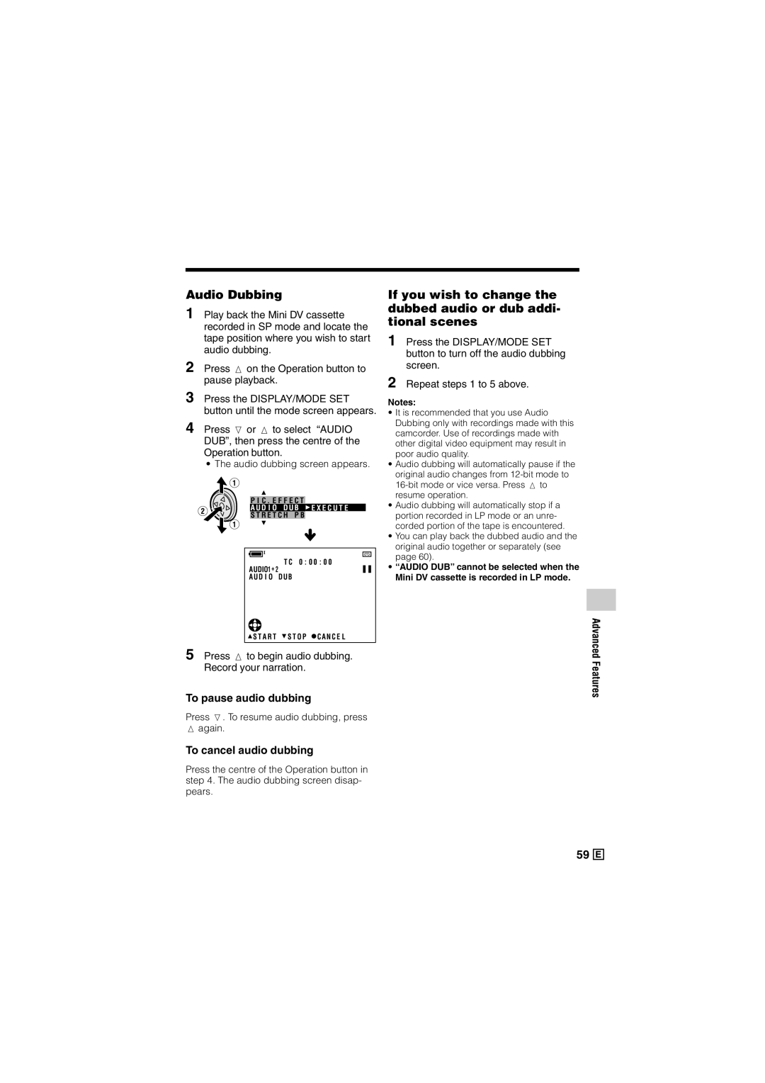 Sharp VL-Z300E Audio Dubbing, Press m to begin audio dubbing. Record your narration, To pause audio dubbing 