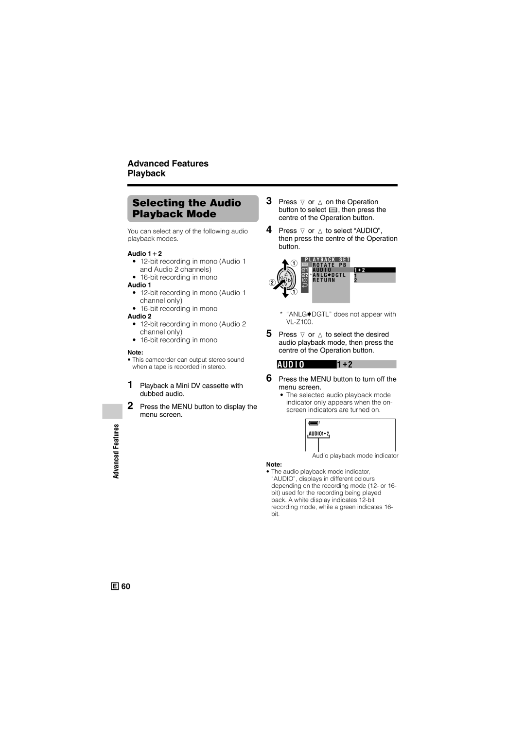 Sharp VL-Z300E operation manual Selecting the Audio Playback Mode, Ud I O, Bit recording in mono Audio 1 channel only 