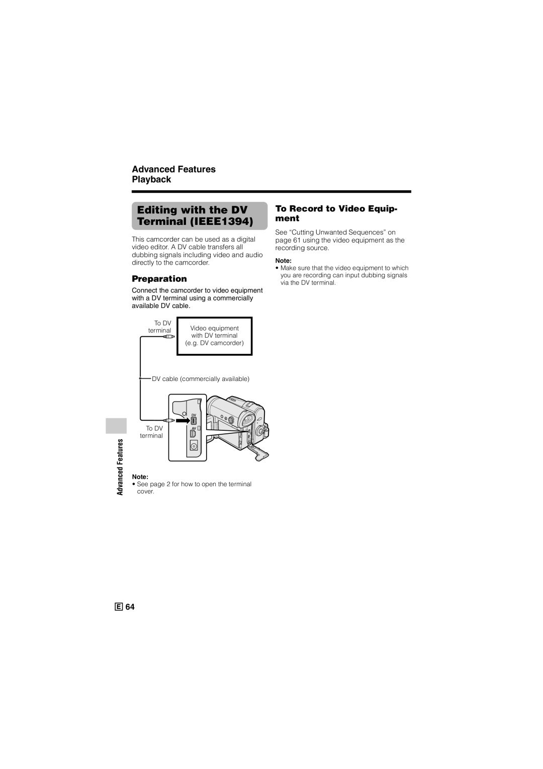 Sharp VL-Z300E operation manual Editing with the DV Terminal IEEE1394, Preparation To Record to Video Equip- ment 