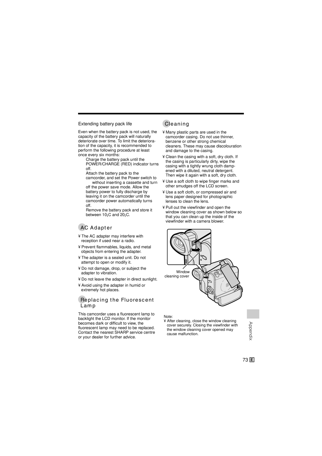 Sharp VL-Z300E operation manual Cleaning, AC Adapter, Replacing the Fluorescent Lamp, Extending battery pack life 