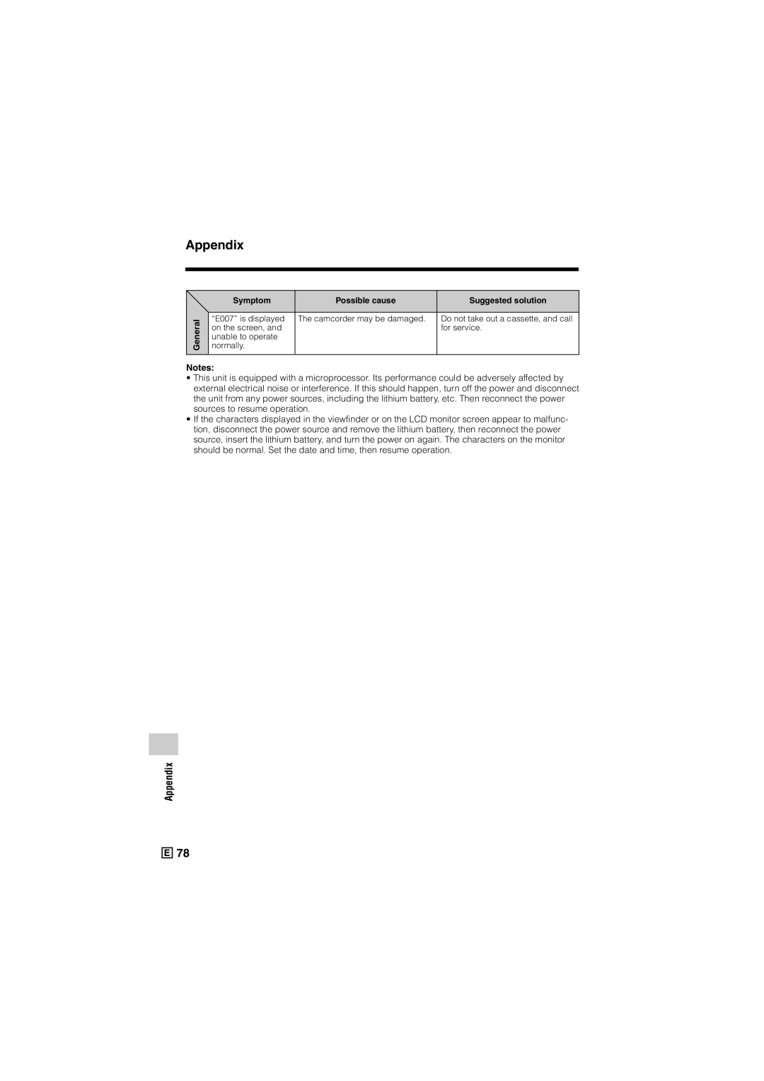 Sharp VL-Z300E operation manual E007 is displayed Camcorder may be damaged 