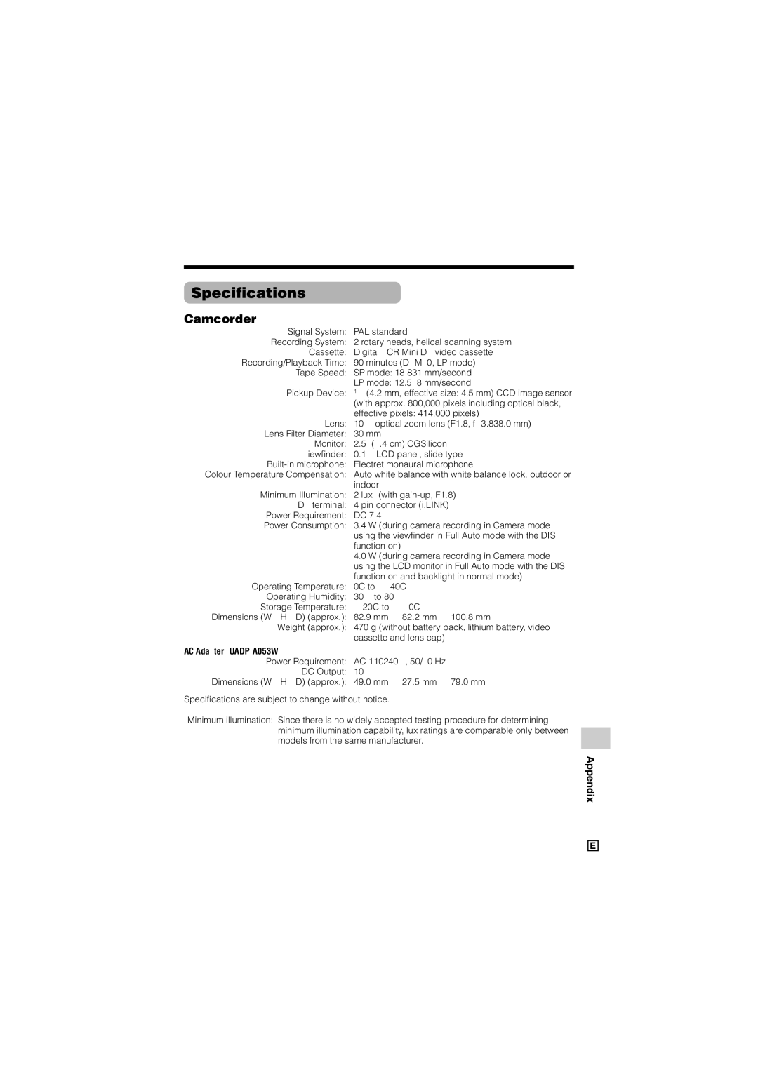 Sharp VL-Z300E operation manual Specifications, Camcorder, AC Adapter UADP-A053WJZZ 