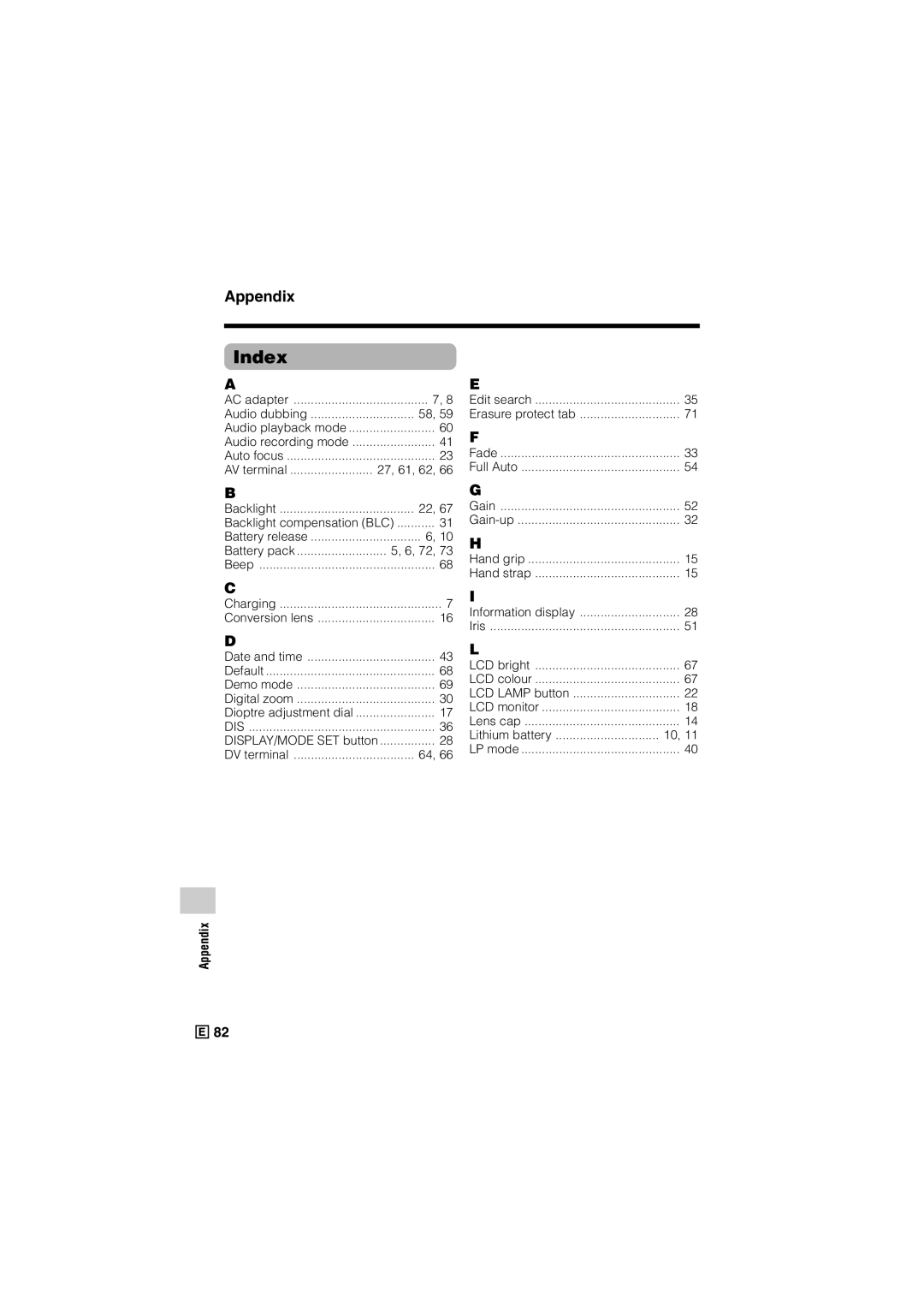 Sharp VL-Z300E Index, Edit search Erasure protect tab Fade Full Auto, Backlight compensation BLC, Battery pack 