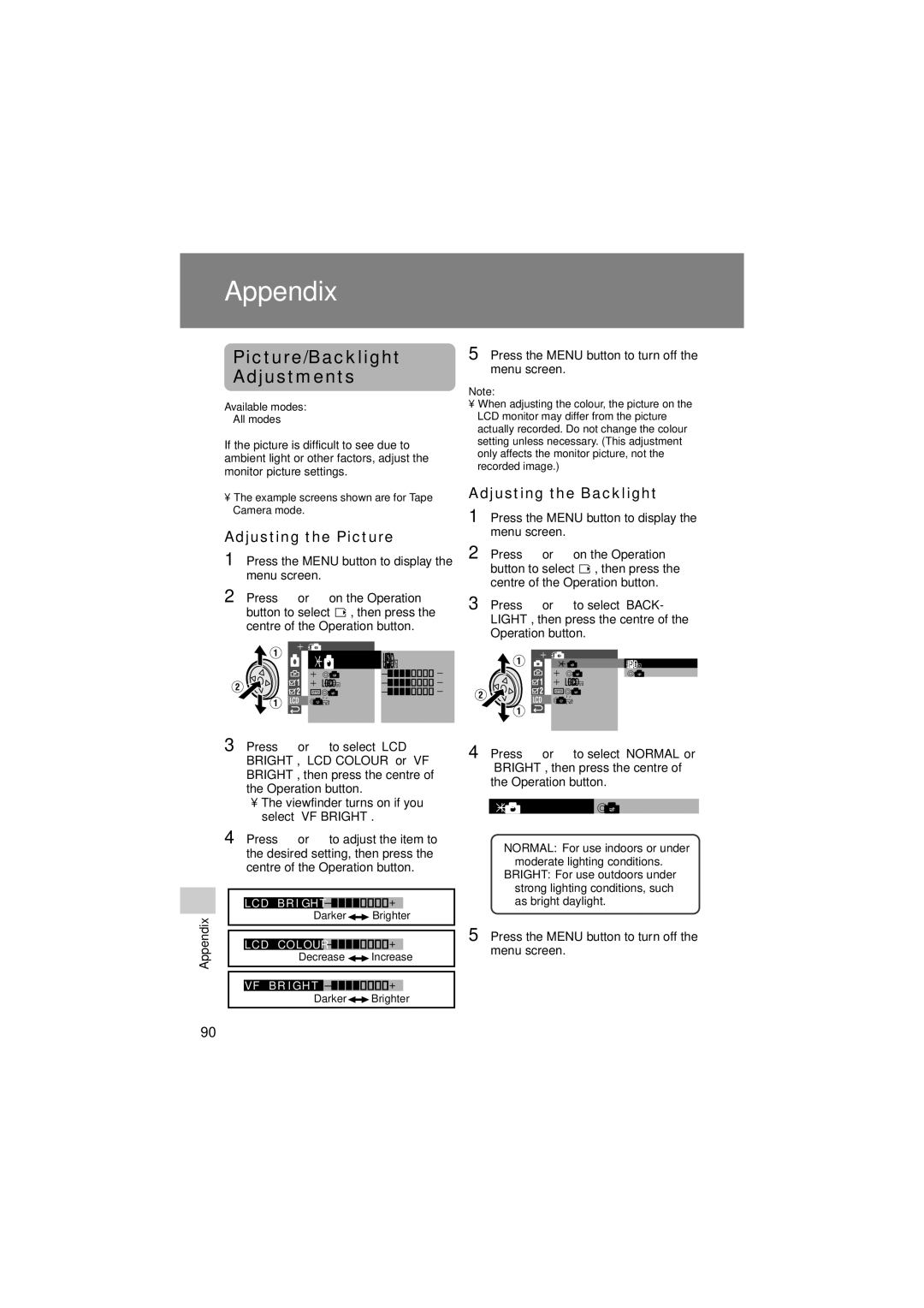 Sharp VL-Z400H-T Picture/Backlight Adjustments, Adjusting the Picture, Adjusting the Backlight, Ack L I Gh T Br I Gh T 