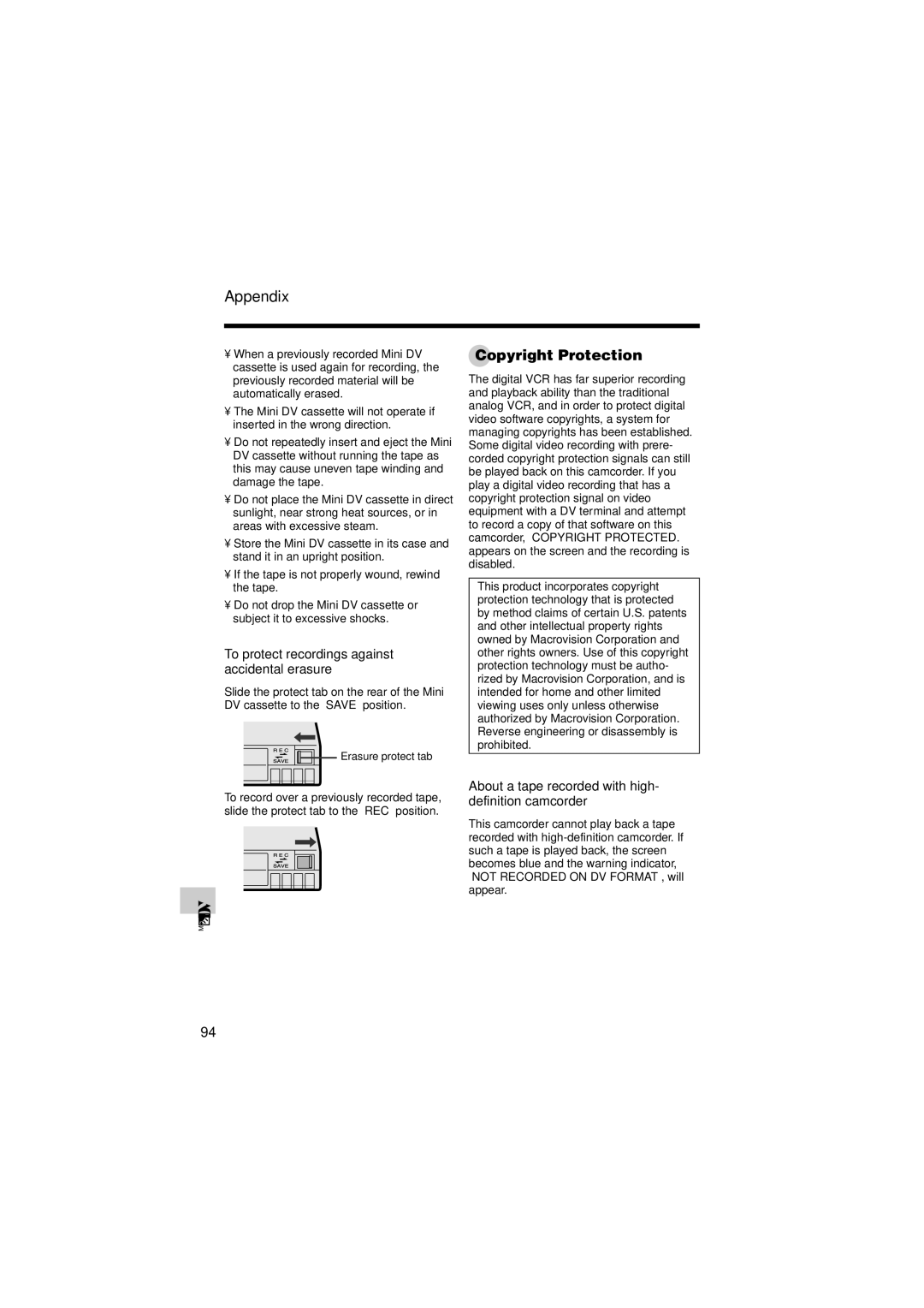 Sharp VL-Z400H-T operation manual Copyright Protection, To protect recordings against accidental erasure 