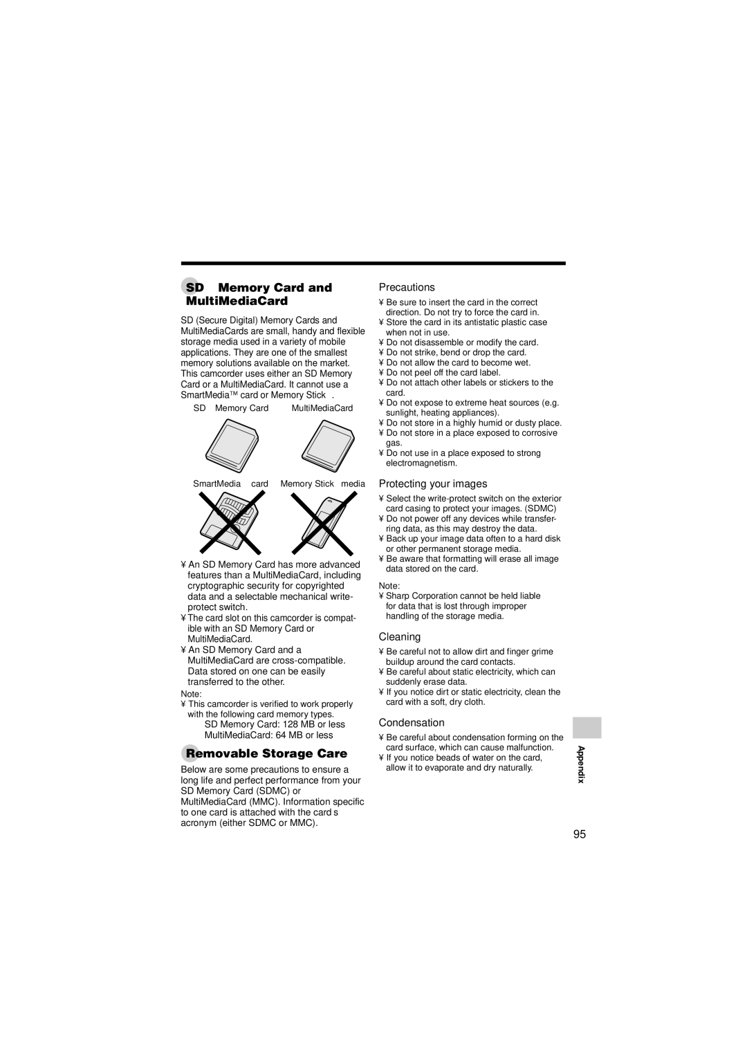 Sharp VL-Z400H-T operation manual SD\ Memory Card and MultiMediaCard, Removable Storage Care 