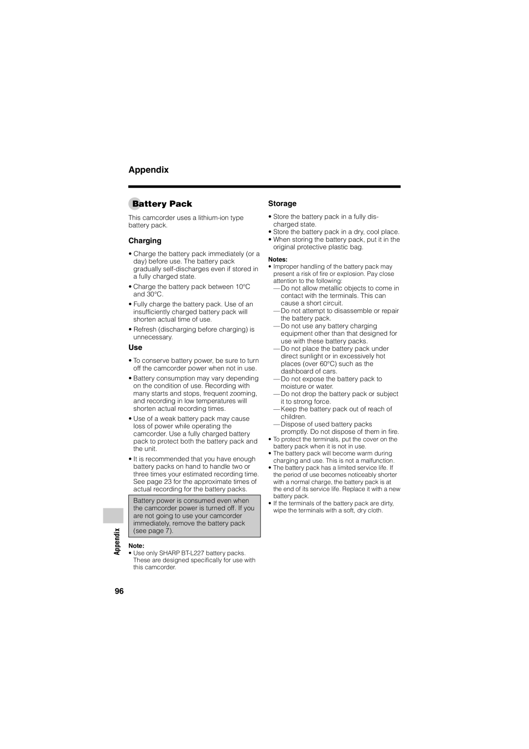 Sharp VL-Z400H-T operation manual Battery Pack, Charging, Use, Storage, This camcorder uses a lithium-ion type battery pack 