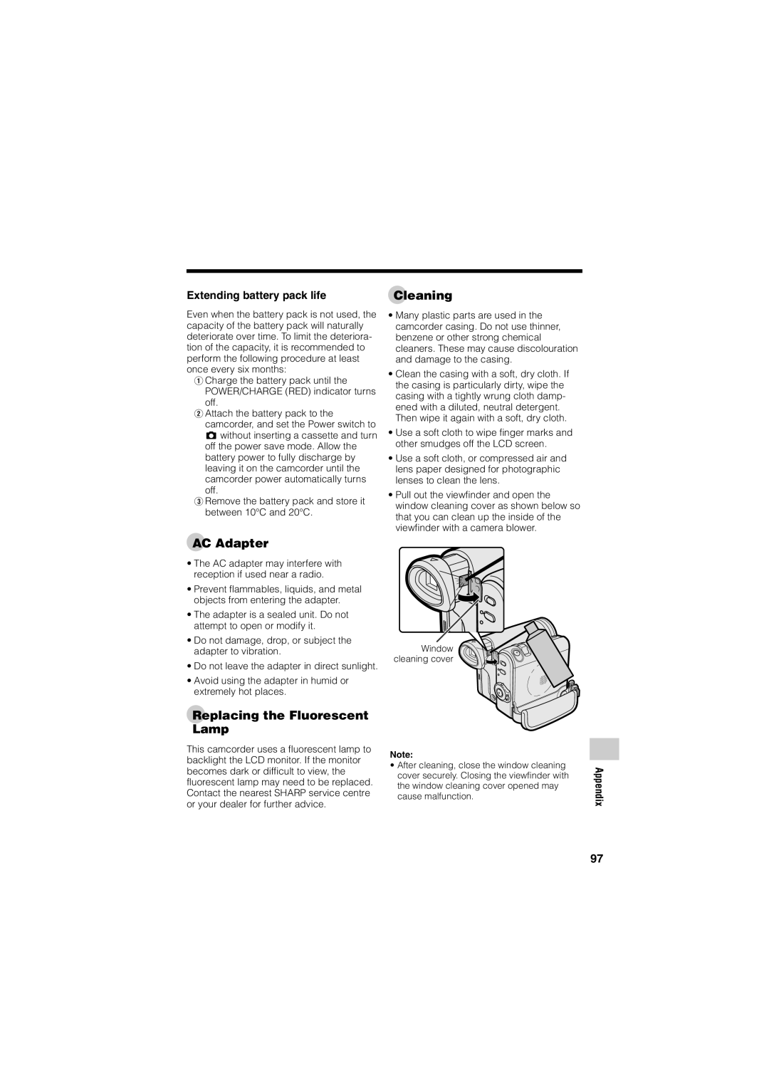 Sharp VL-Z400H-T operation manual Cleaning, AC Adapter, Replacing the Fluorescent Lamp, Extending battery pack life 