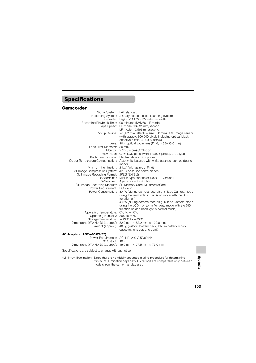 Sharp VL-Z400H-T operation manual Specifications, Camcorder, AC Adapter UADP-A053WJZZ 