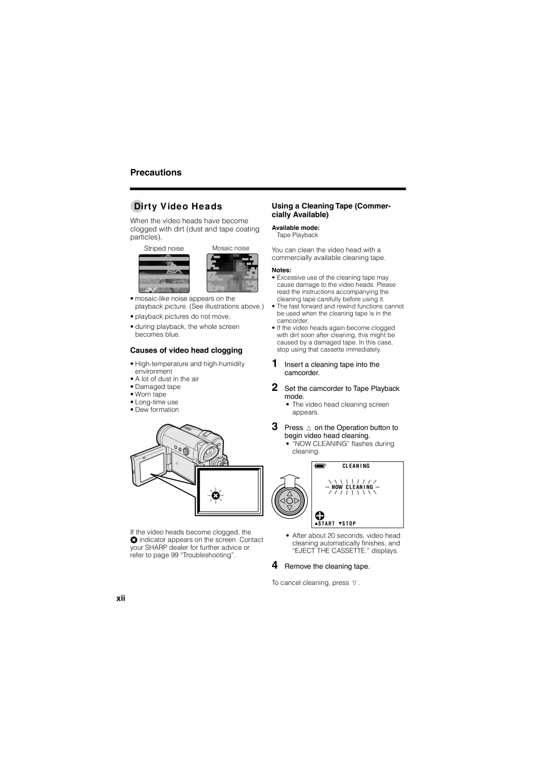 Sharp VL-Z400H-T operation manual Precautions Dirty Video Heads, Causes of video head clogging, Remove the cleaning tape 