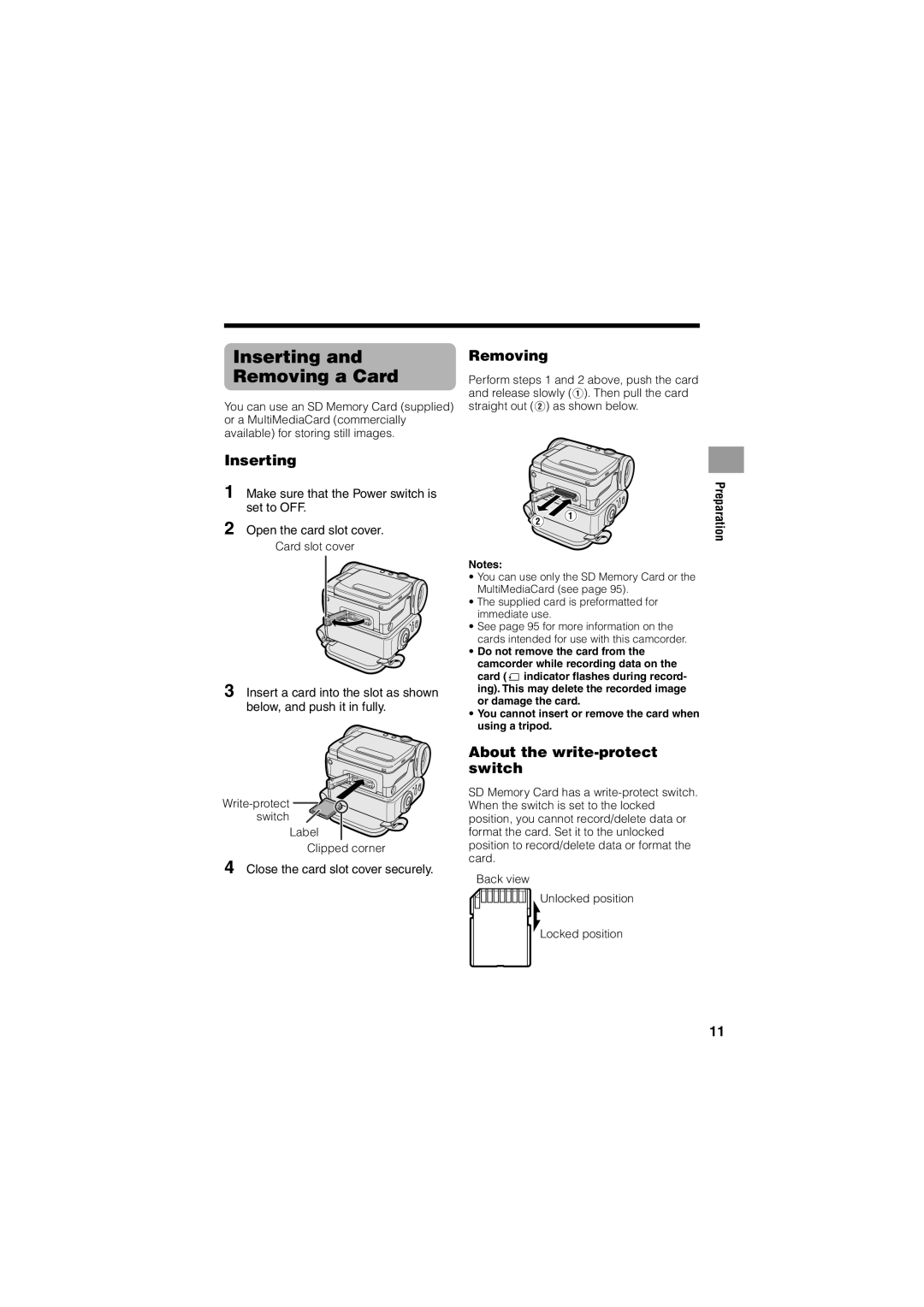 Sharp VL-Z400H-T Inserting Removing a Card, About the write-protect switch, Close the card slot cover securely 