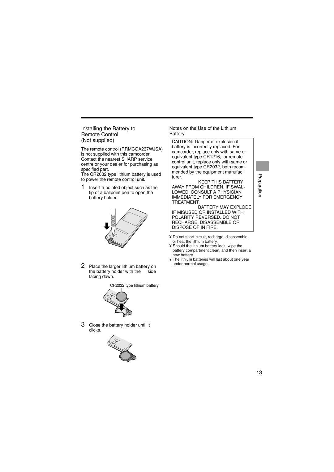 Sharp VL-Z400H-T Installing the Battery to Remote Control Not supplied, Close the battery holder until it clicks 