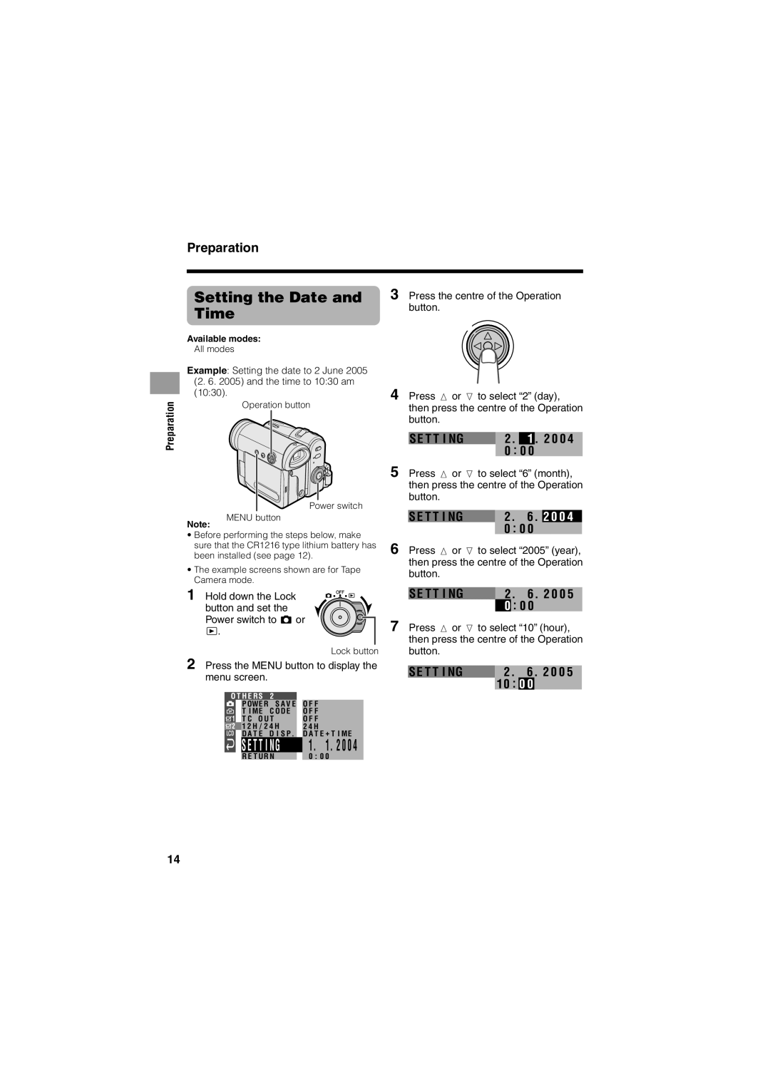 Sharp VL-Z400H-T Setting the Date and Time, 0 0, Press the Menu button to display the menu screen, Available modes 