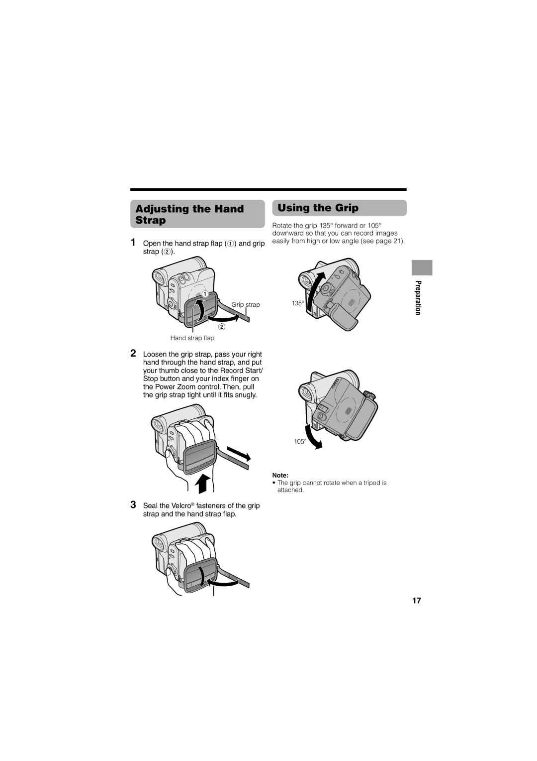 Sharp VL-Z400H-T operation manual Adjusting the Hand Strap, Using the Grip, Open the hand strap flap 1 and grip strap 