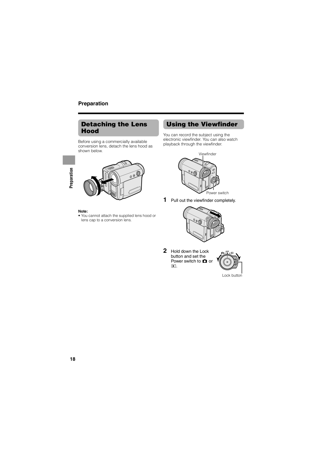 Sharp VL-Z400H-T operation manual Detaching the Lens Hood, Using the Viewfinder, Pull out the viewfinder completely 