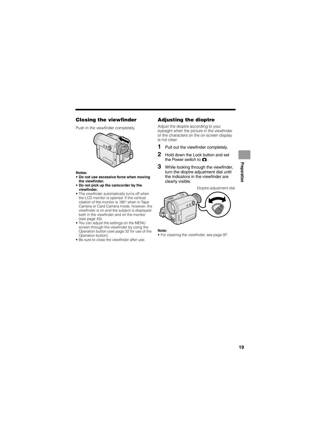 Sharp VL-Z400H-T operation manual Closing the viewfinder, Adjusting the dioptre, Push in the viewfinder completely 