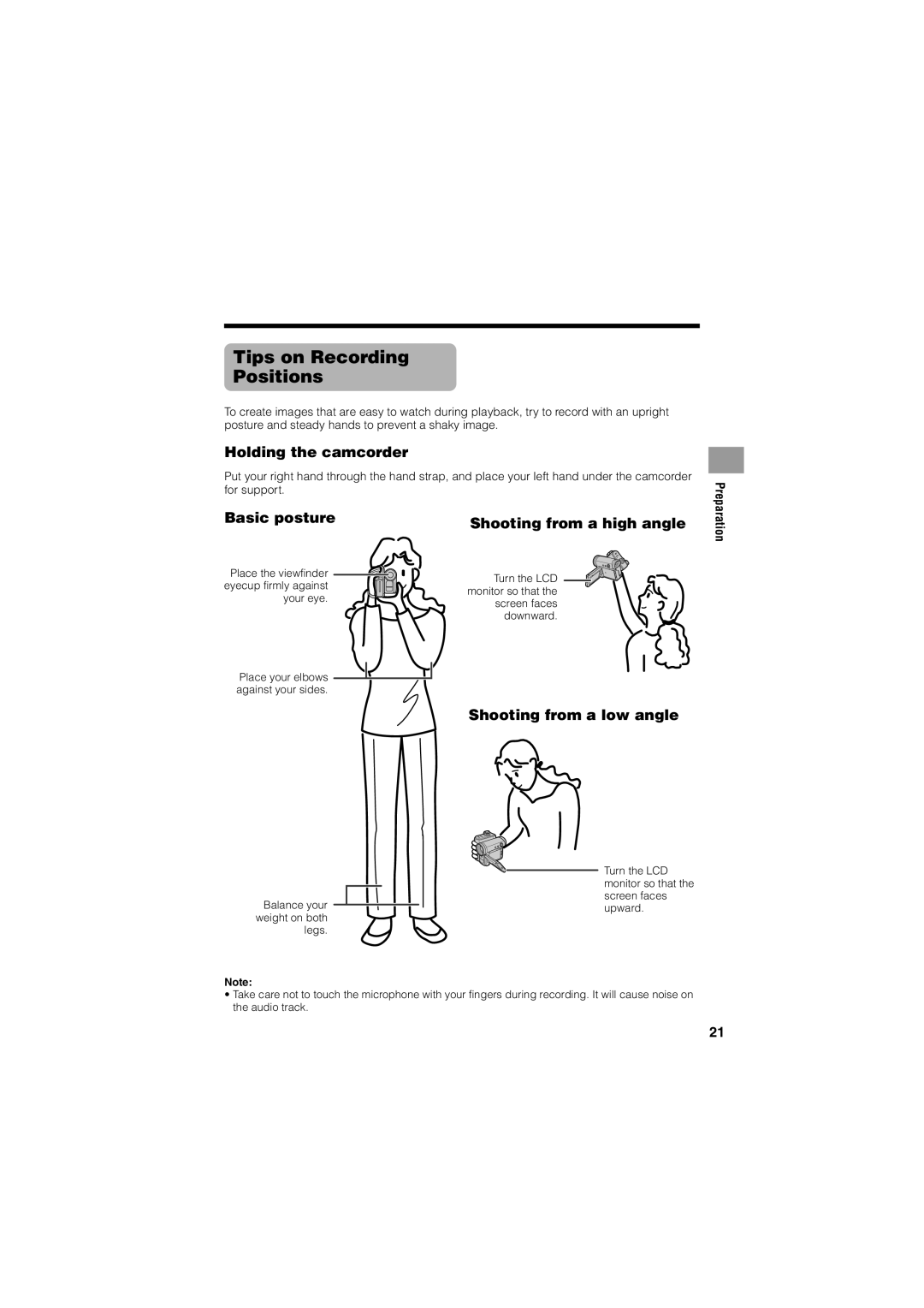 Sharp VL-Z400H-T Tips on Recording Positions, Holding the camcorder, Basic posture Shooting from a high angle 