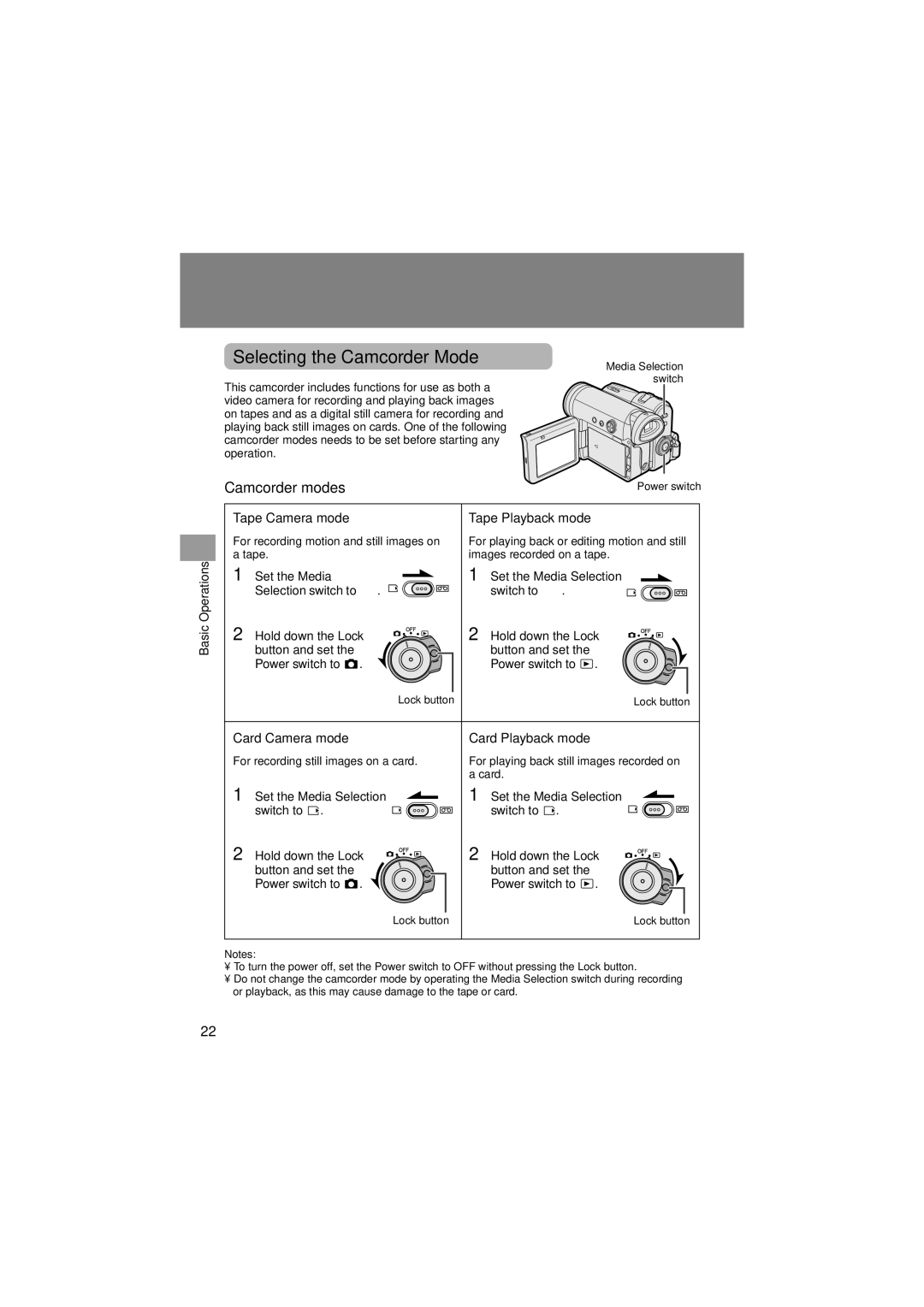 Sharp VL-Z400H-T operation manual Selecting the Camcorder Mode, Camcorder modes, Tape Camera mode Tape Playback mode 