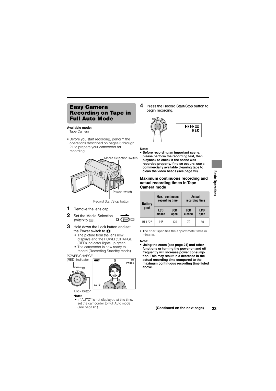 Sharp VL-Z400H-T operation manual Easy Camera, Recording on Tape, Full Auto Mode 