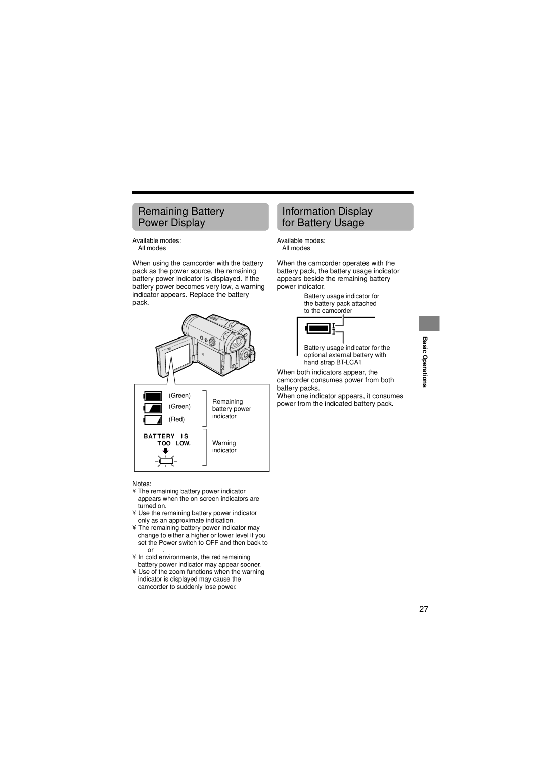 Sharp VL-Z400H-T operation manual Available modes All modes, Basic Operations 