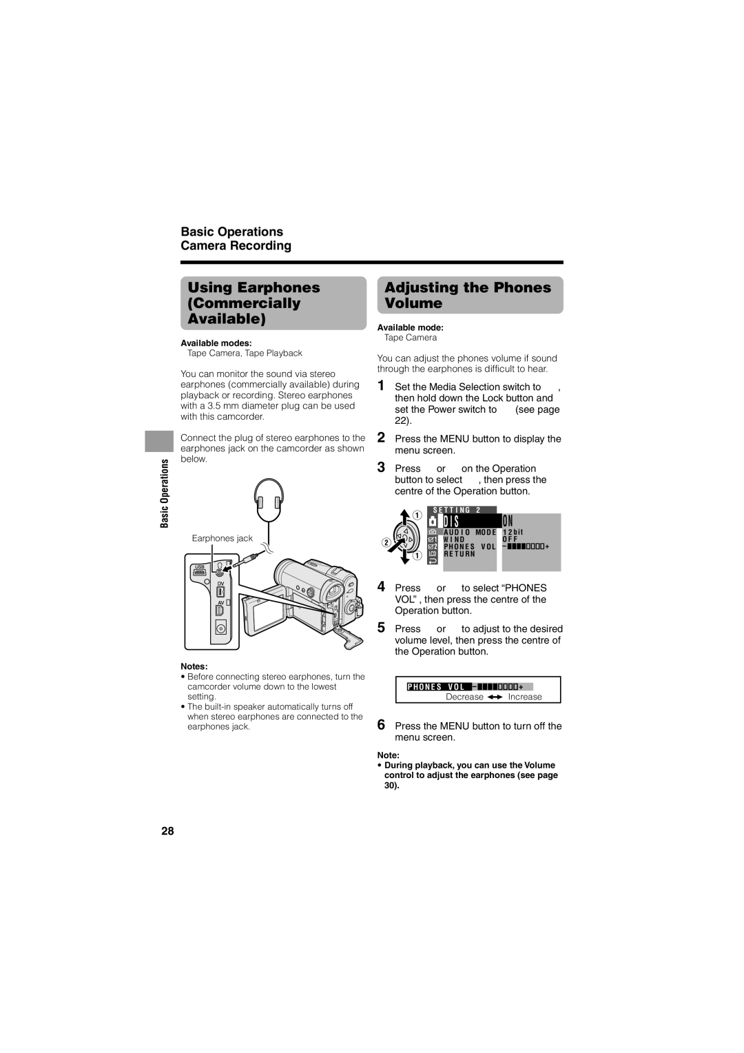 Sharp VL-Z400H-T operation manual Using Earphones Commercially Available, Adjusting the Phones Volume, Decrease Increase 