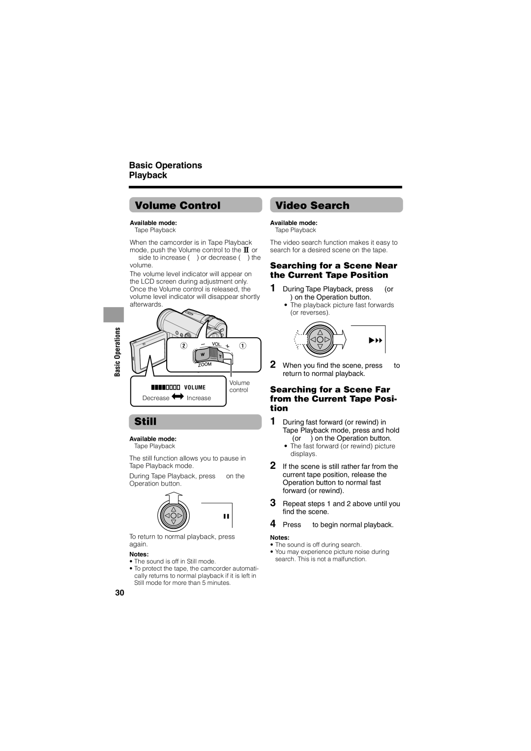 Sharp VL-Z400H-T operation manual Volume Control Video Search, Still, Basic Operations Playback 