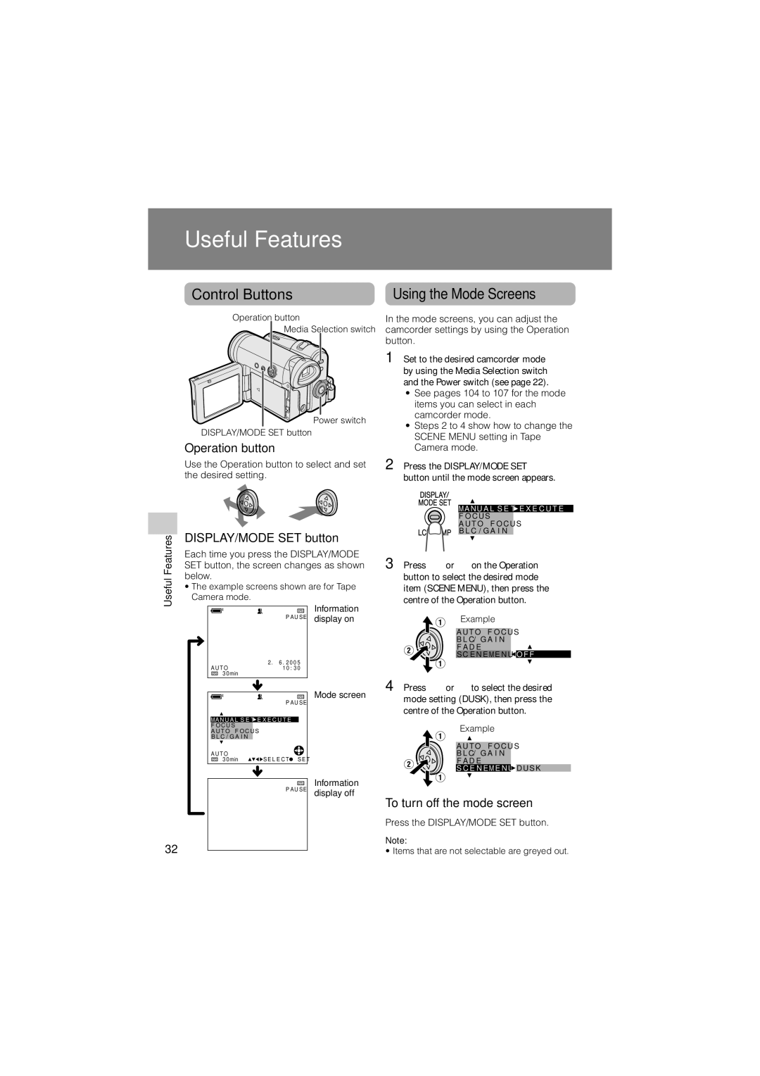 Sharp VL-Z400H-T operation manual Control Buttons, Using the Mode Screens, Operation button, DISPLAY/MODE SET button 