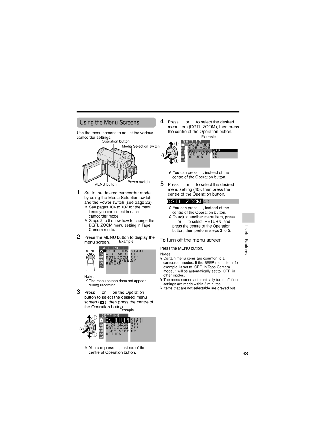 Sharp VL-Z400H-T operation manual Using the Menu Screens, QK. RE Turn S T ART, To turn off the menu screen, Features 