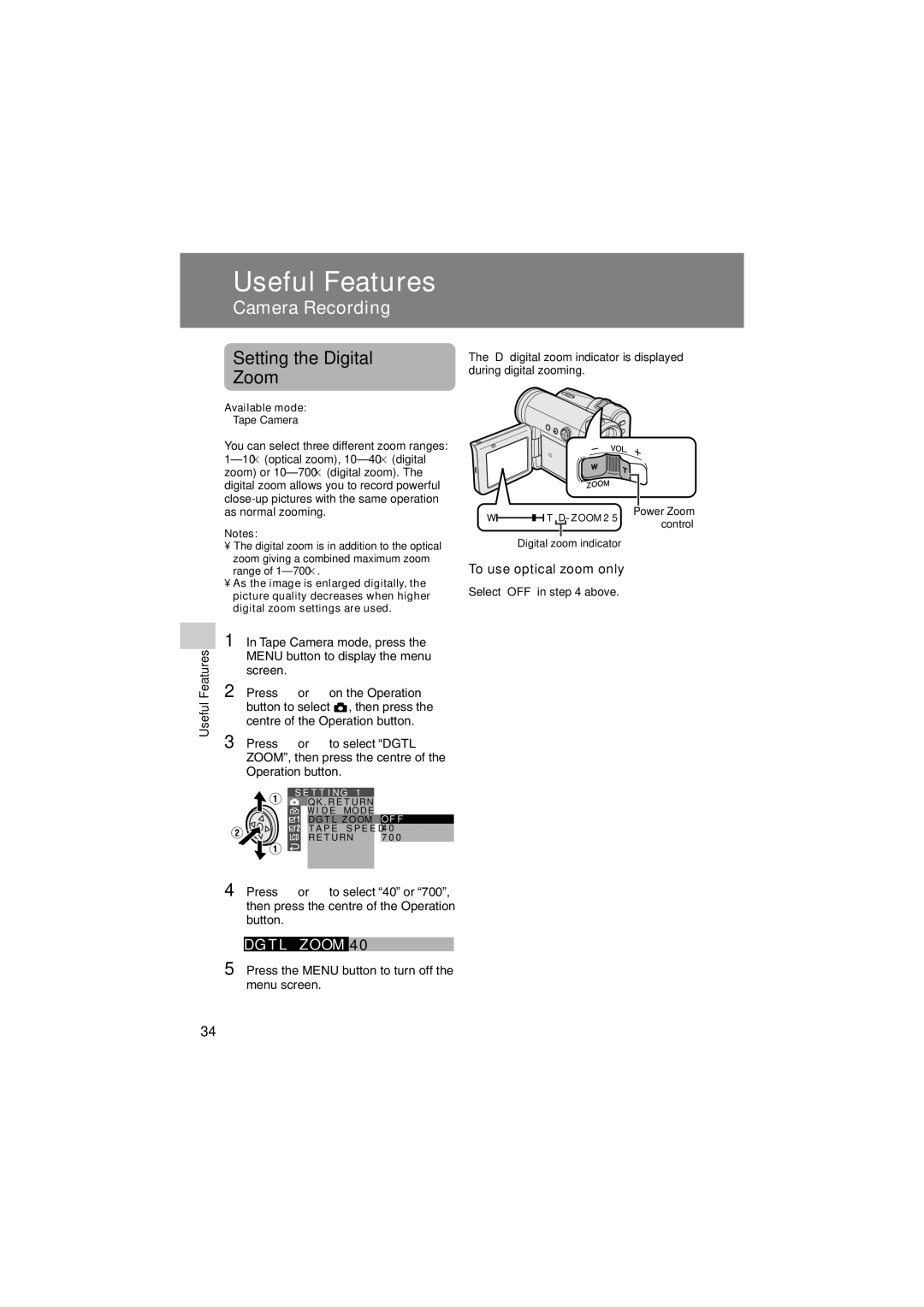 Sharp VL-Z400H-T operation manual Setting the Digital Zoom, To use optical zoom only 