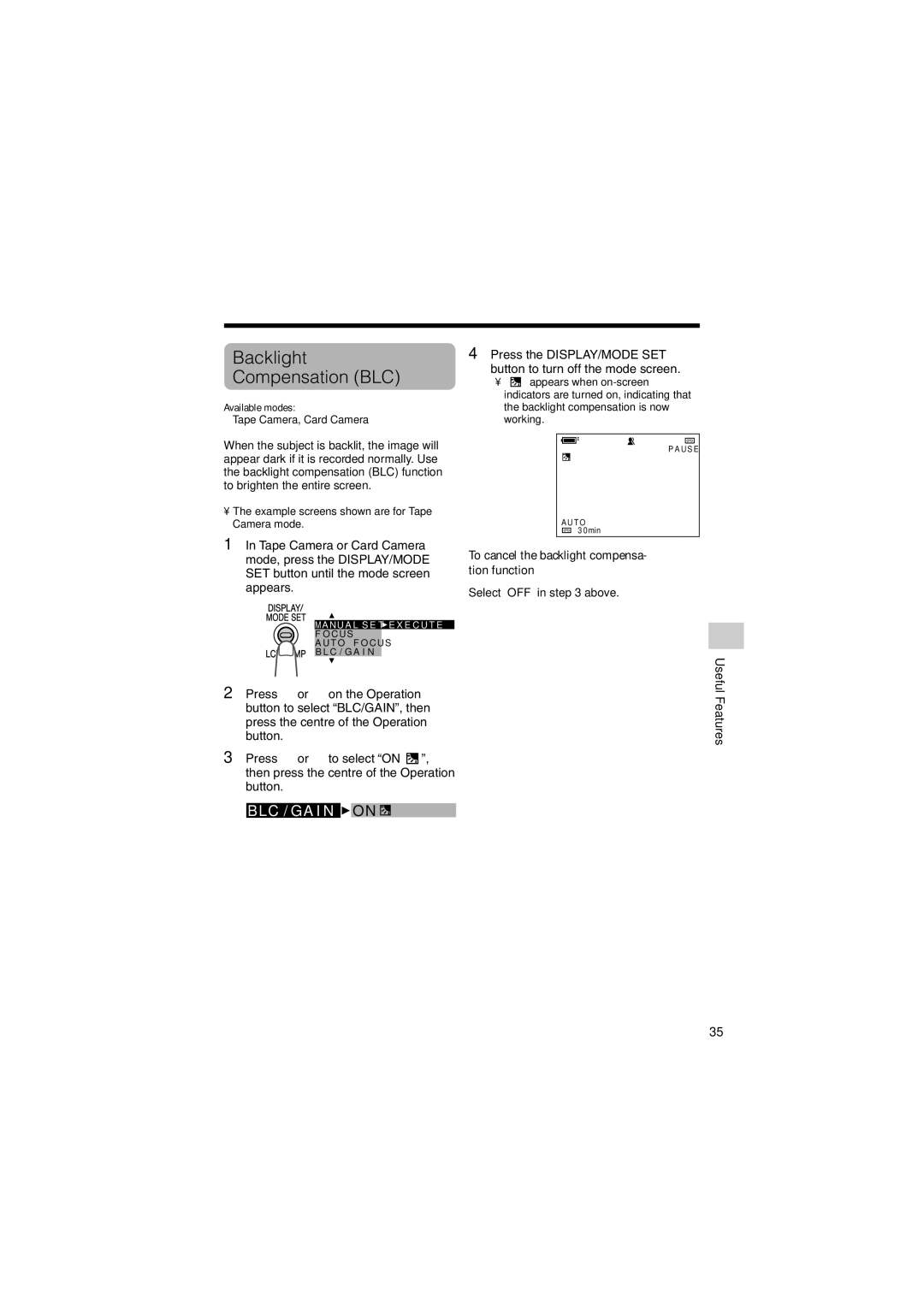 Sharp VL-Z400H-T operation manual Backlight Compensation BLC, To cancel the backlight compensa- tion function 