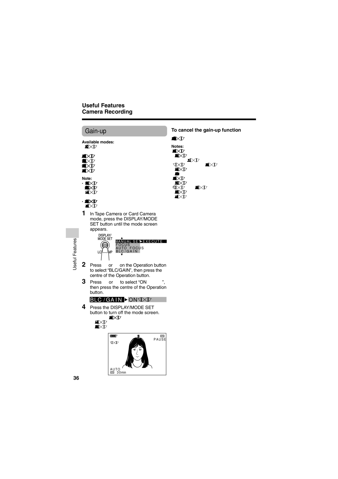 Sharp VL-Z400H-T operation manual Gain-up, Useful Features Camera Recording, BLC / G a I N 