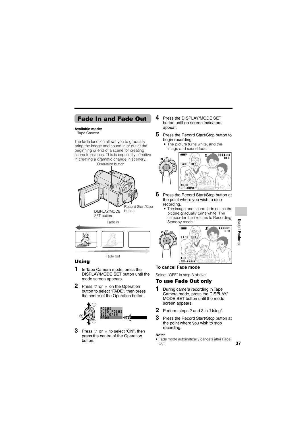 Sharp VL-Z400H-T operation manual Fade In and Fade Out, Using, To use Fade Out only, To cancel Fade mode 