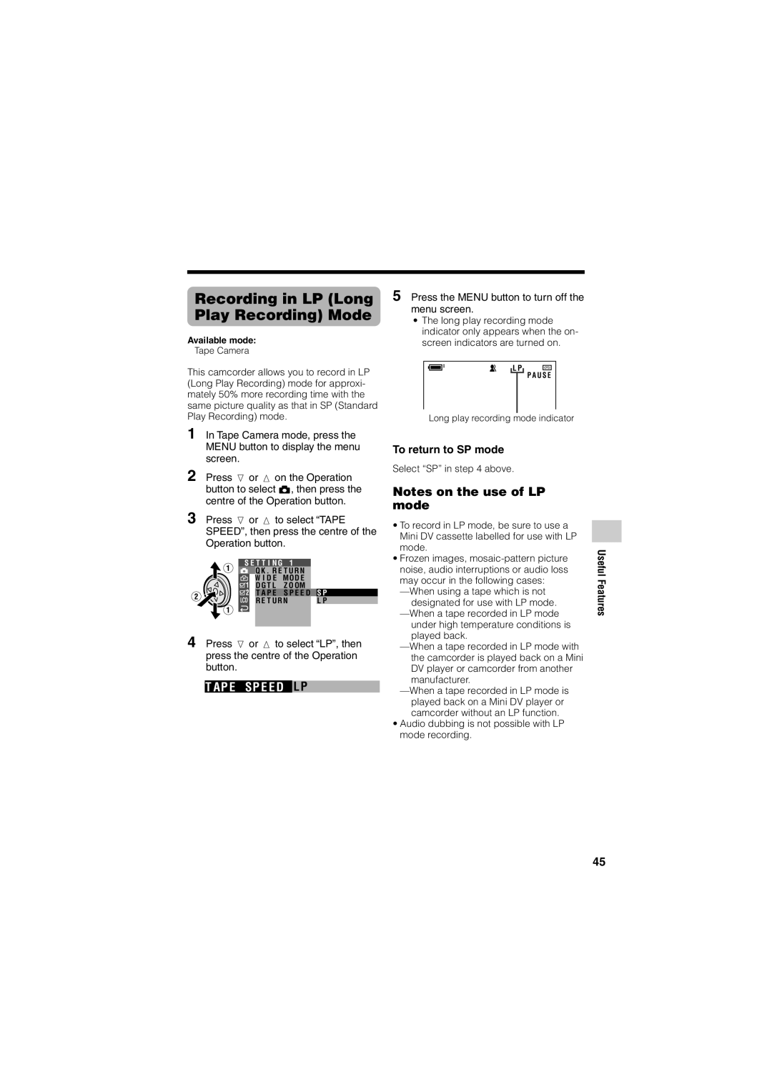 Sharp VL-Z400H-T operation manual Recording in LP Long Play Recording Mode, Ap E Sp E E D Lp, To return to SP mode 