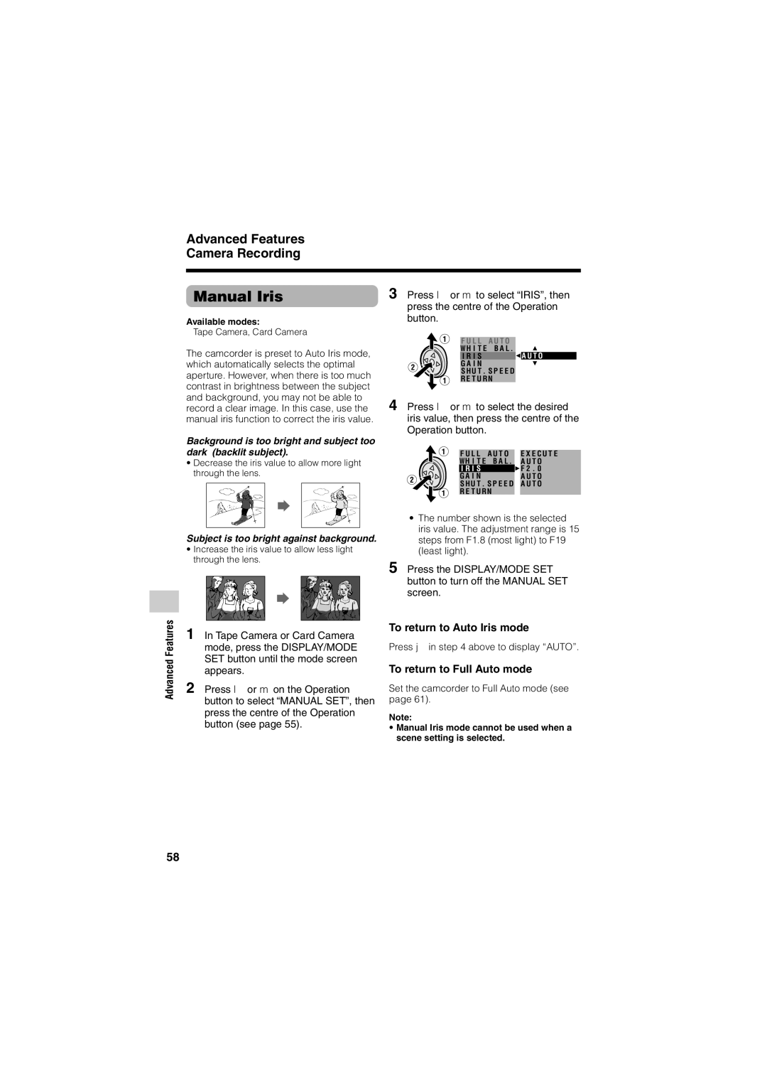 Sharp VL-Z400H-T operation manual Manual Iris, To return to Auto Iris mode, Press j in above to display Auto 