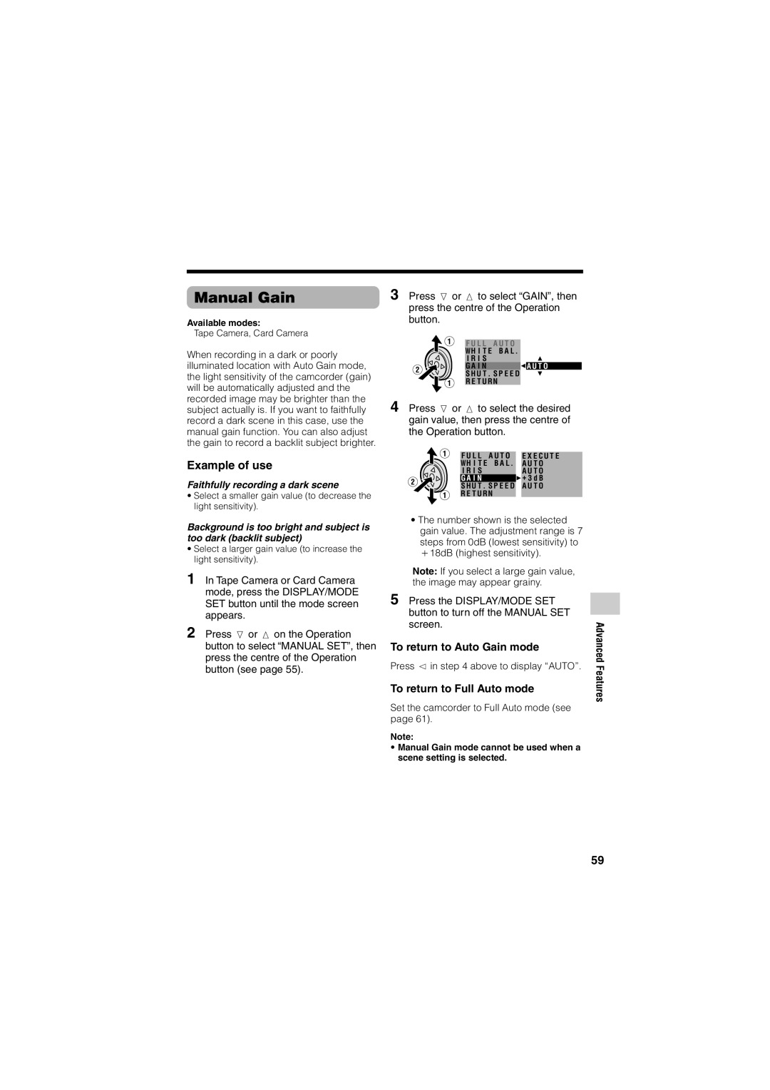 Sharp VL-Z400H-T operation manual Manual Gain, To return to Auto Gain mode 