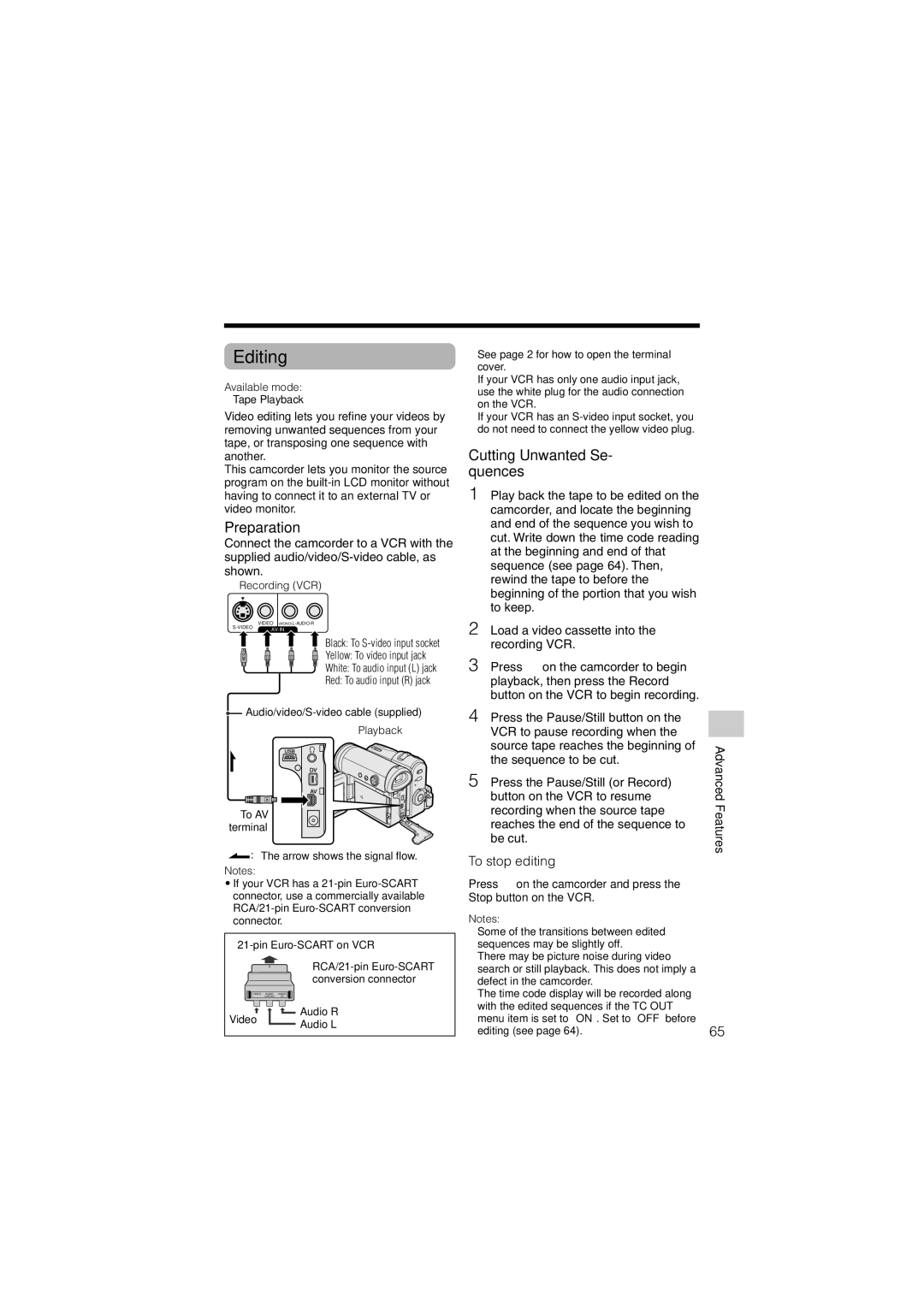 Sharp VL-Z400H-T operation manual Editing, Cutting Unwanted Se- quences, To stop editing, Recording VCR, Playback 