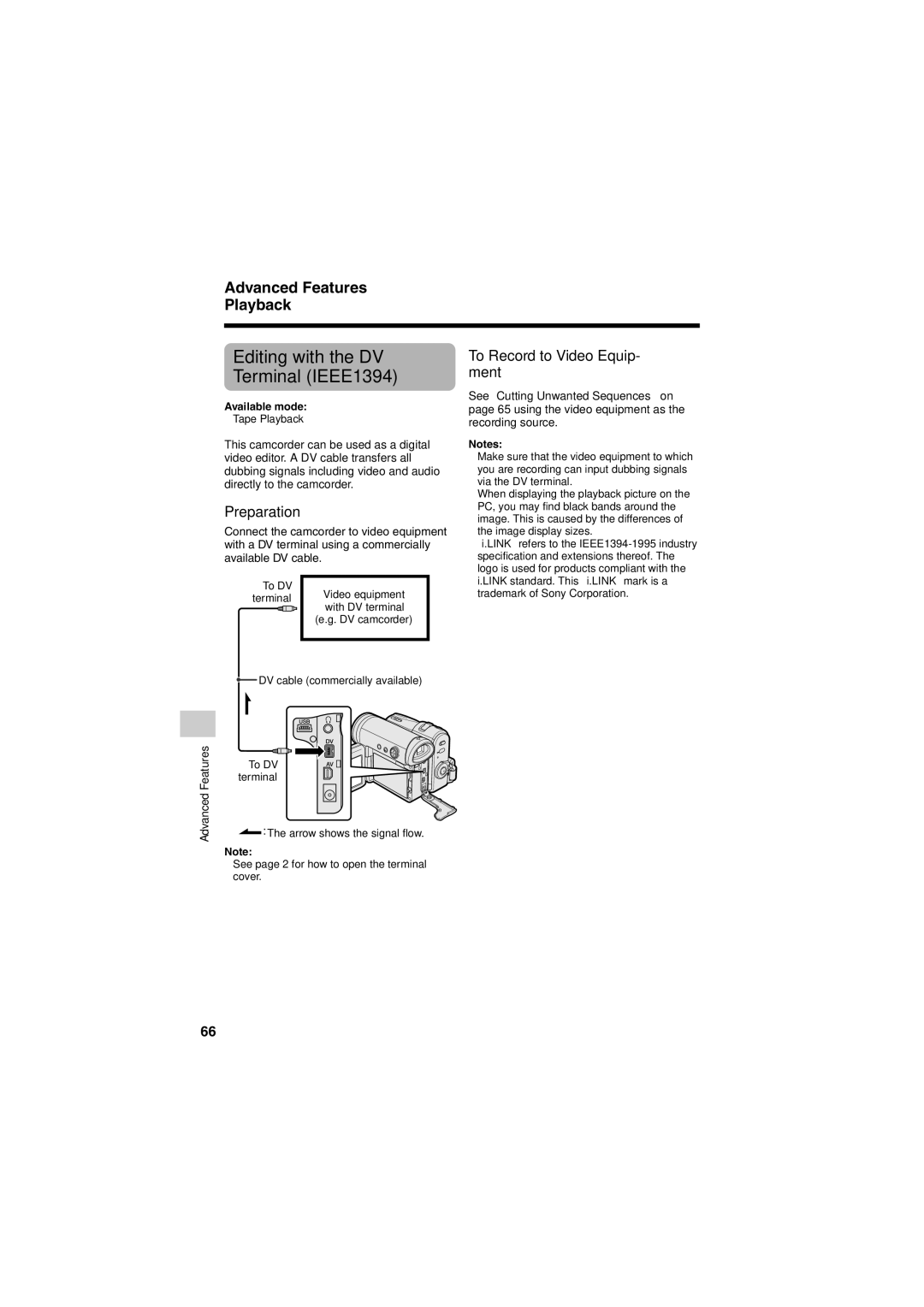 Sharp VL-Z400H-T Editing with the DV Terminal IEEE1394, Advanced Features Playback, To Record to Video Equip- ment 