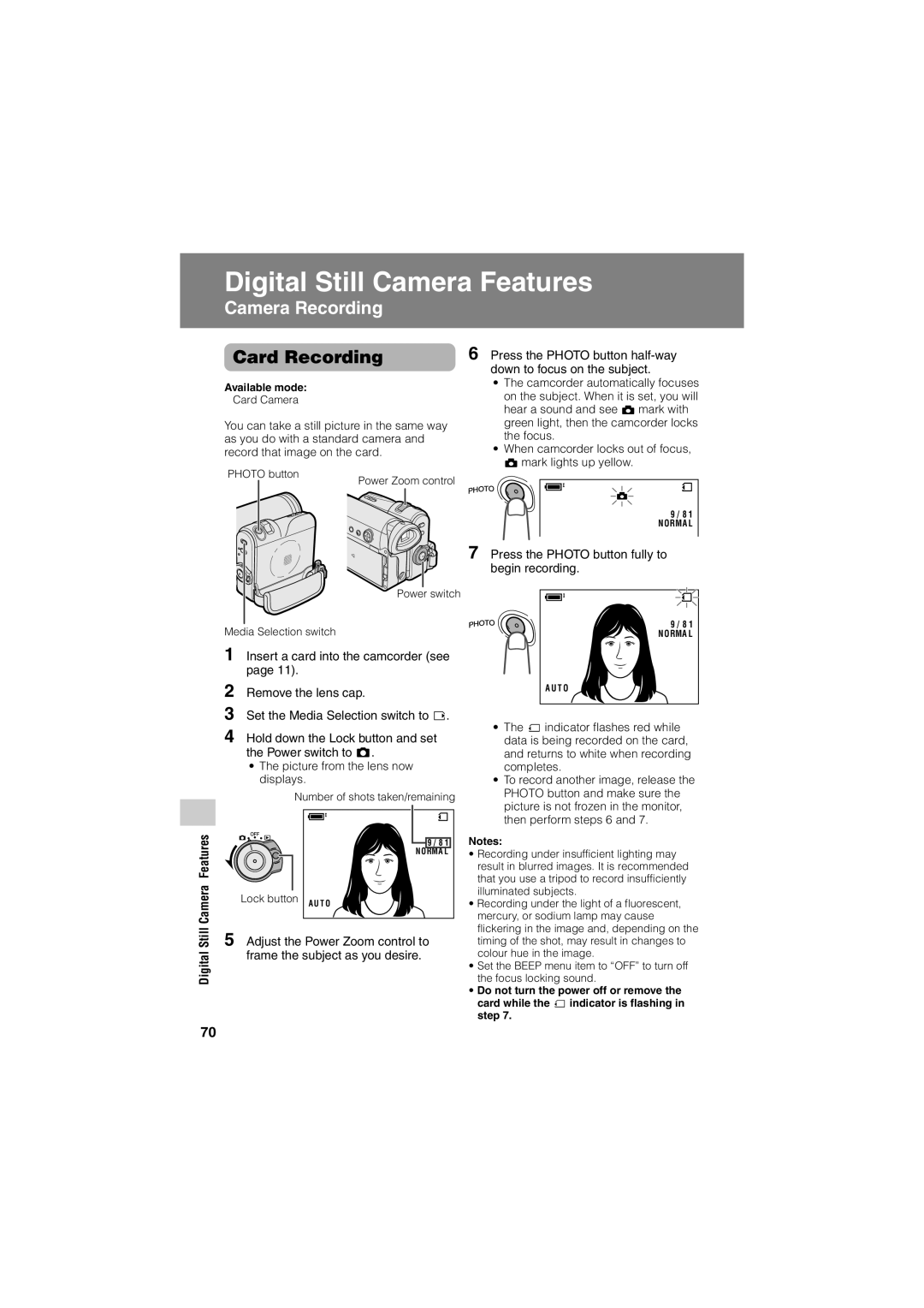 Sharp VL-Z400H-T Card Recording, Digital Still Camera Features, Press the Photo button fully to begin recording 