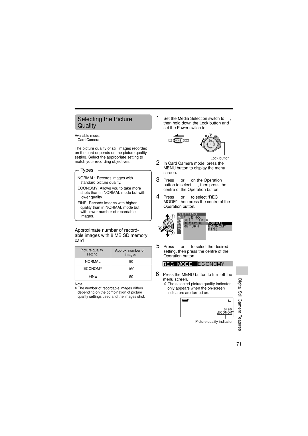 Sharp VL-Z400H-T Selecting the Picture Quality, RE C Mode E C Onomy, Picture quality Approx. number Setting Images 