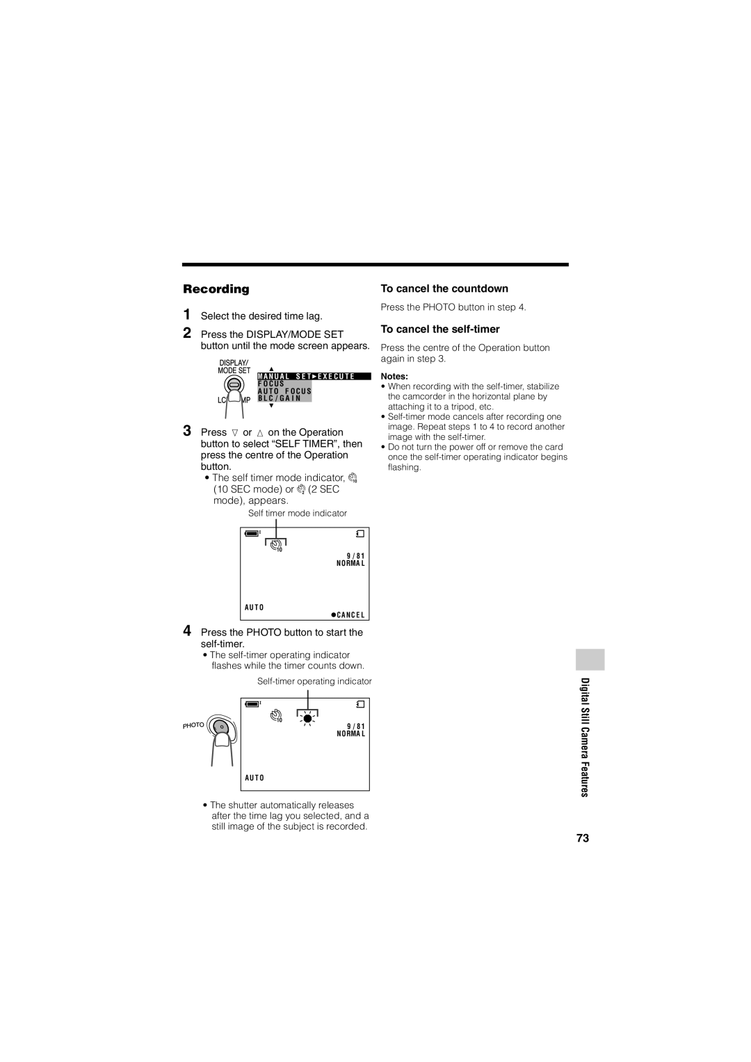 Sharp VL-Z400H-T operation manual Recording, To cancel the countdown, To cancel the self-timer 