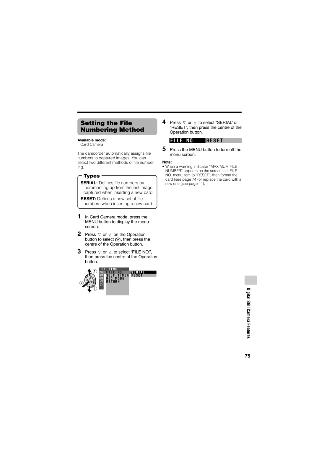 Sharp VL-Z400H-T operation manual Setting the File Numbering Method, L E no, Camera Features, Digital Still 