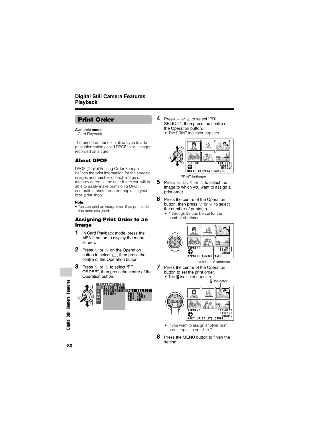 Sharp VL-Z400H-T operation manual About Dpof, Assigning Print Order to an Image, Press l or m to select PRI 