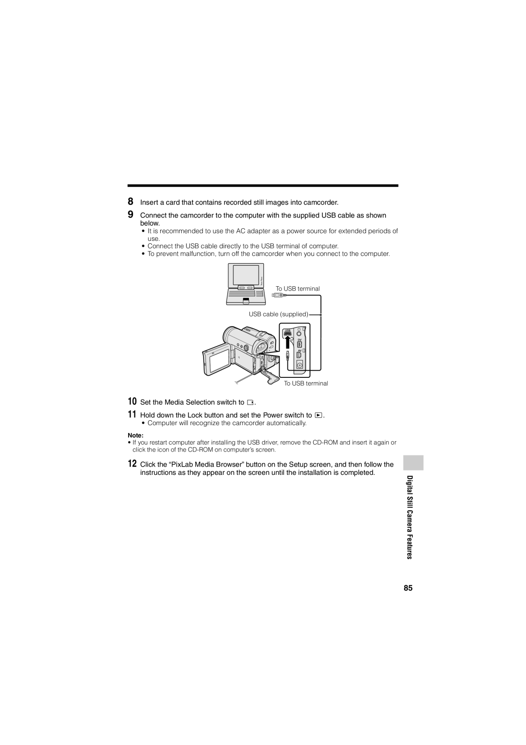 Sharp VL-Z400H-T operation manual ¥ Computer will recognize the camcorder automatically, Digital Still 