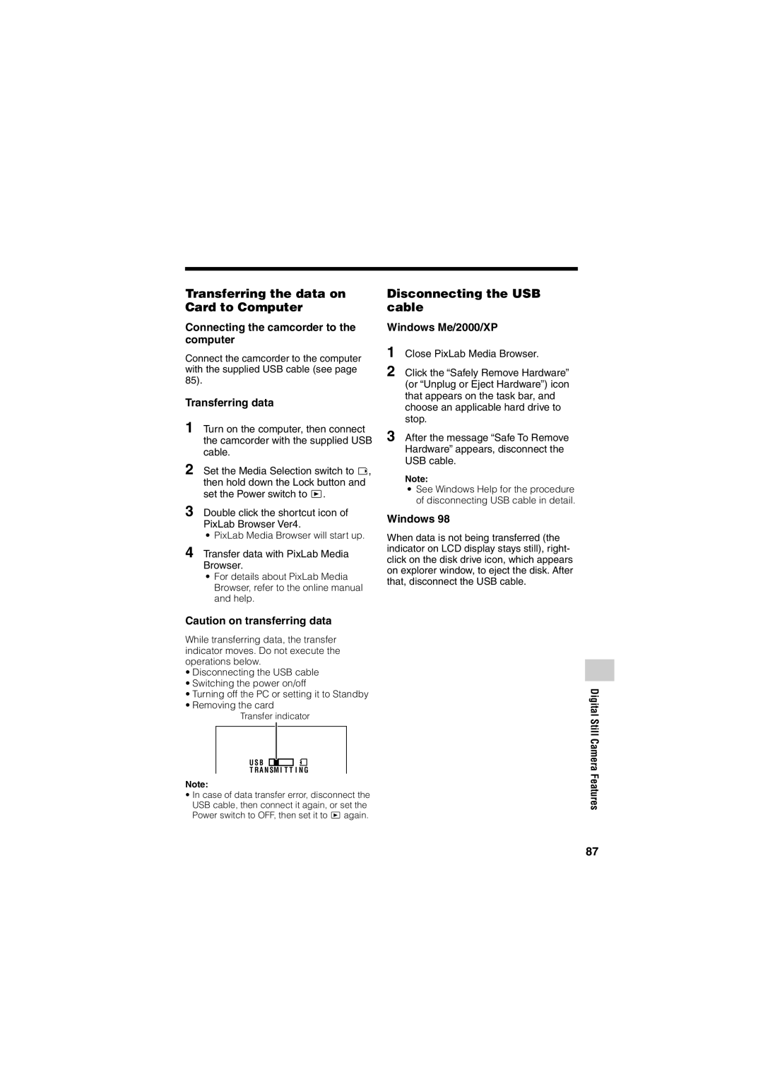 Sharp VL-Z400H-T operation manual Transferring the data on Card to Computer, Disconnecting the USB cable 